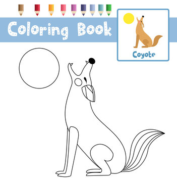 Coloring page of Howling Coyote animals for preschool kids activity educational worksheet. Vector Illustration.