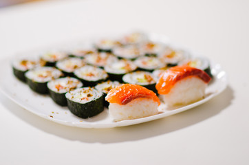 sushi rolls with rise and salmon