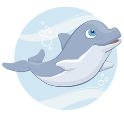 Cute Smiling Cartoon Dolphin in Sea Circle Design Vector Illustration Isolated on White