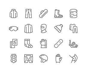 Simple Set of Snowboarding Related Vector Line Icons. Contains such Icons as Body Armor, Snowboard Bindings, Protecting Equipment and more. Editable Stroke. 48x48 Pixel Perfect.