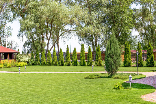 Freshly mowed rows of green lawn at country residence with summerhouse. Hedge of fresh cedars. Landscape design and gardening concept
