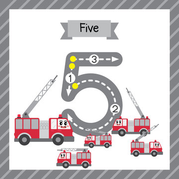 Cute children Flashcard number five tracing with 5 Fire Engines for kids learning to count and to write.