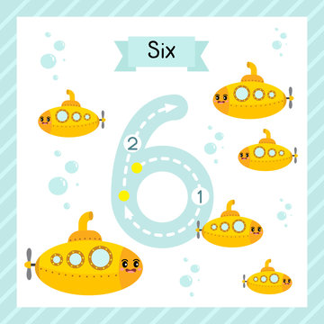 Cute children Flashcard number six tracing with 6 Submarines for kids learning to count and to write.