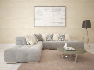 Mock up the living room in a modern style with a corner comfortable sofa and fashionable background.