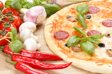 pepperoni pizza on wooden board