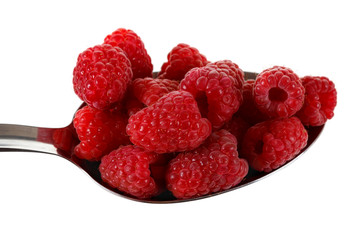 Raspberry in stainless steel spoon isolated against white