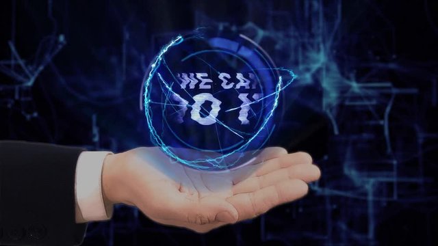 Painted hand shows concept hologram We can do it on his hand. Drawn man in business suit with future technology screen and modern cosmic background