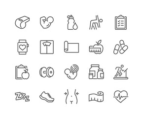 Simple Set of Fitness Related Vector Line Icons. Contains such Icons as Workout, Sleep, Diet Plan, Sport Supplements, Nutrition and more. Editable Stroke. 48x48 Pixel Perfect.