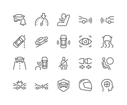 Simple Set of Car Safety Related Vector Line Icons. Contains such Icons as Baby Cheat, Lane Control, Front and Back Parking Sensors and more. Editable Stroke. 48x48 Pixel Perfect.