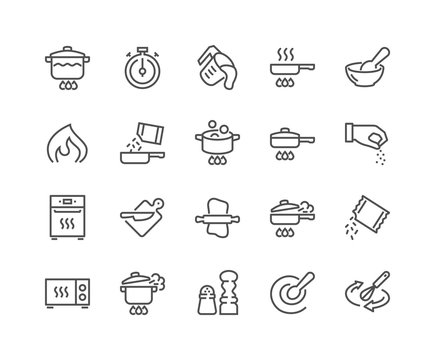 Simple Set of Cooking Related Vector Line Icons. Contains such Icons as Frying Pan, Boiling, Flavoring, Blending and more. Editable Stroke. 48x48 Pixel Perfect.