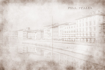 Postcard with a photograph of a view of the Arno River as it passes through Pisa