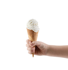 hand holding vanilla ice cream with cone isolated on white background