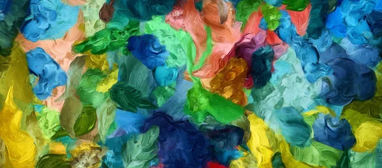 Hintergrund der abstrakten Kunst. Ölmalstil auf Leinwand. Warme bunte Textur. Weiche Pinselstriche. Moderne Kunst. Zeitgenössischer künstlerischer Druck. Vorlage für die Dekoration von Designprodukten. Kreatives Dekor. © Avgustus