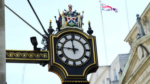 LONDON - MAY, 2017: Clock on the outside of the Royal Exchange building, Cornhill, London, EC3 