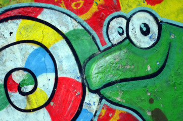 Street art. Abstract background image of a full completed graffiti painting with cartoon frog and lollipop