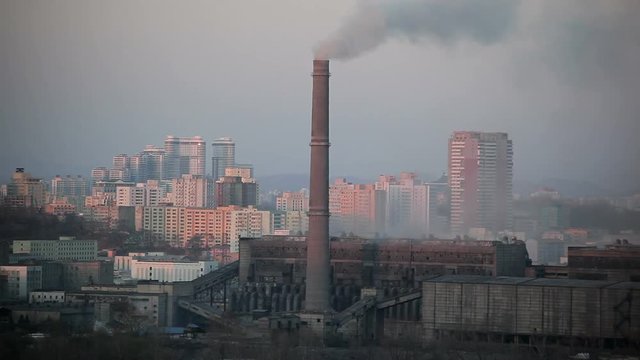  Pyongyang, Coal fired power plant factory chimneys in the city, North Korea, Asia