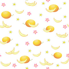 Melon and flowers. Seamless pattern