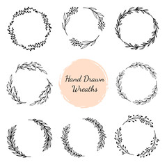 Hand drawn wreaths set. Vector design elements for cards, quotes, invitations and posters
