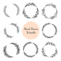 Fototapeta premium Hand drawn wreaths set. Vector design elements for cards, quotes, invitations and posters