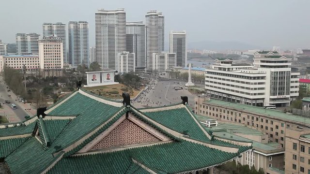  Pyongyang, elevated view across central Pyongyang from the rooftops of the Grand People's Study House, North Korea, Asia