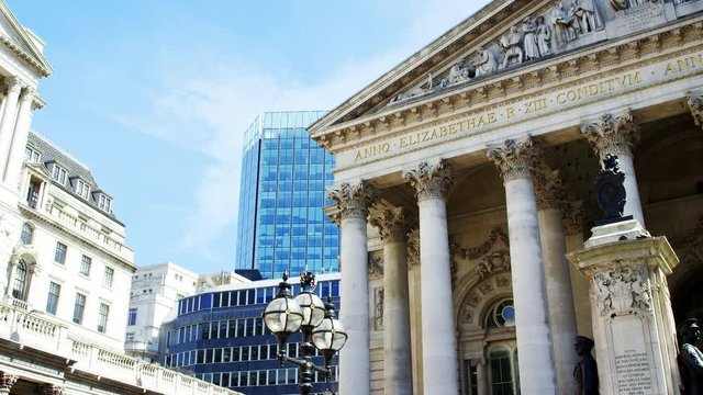 LONDON - MAY, 2017: Royal Exchange building, right, and surrounding architecture, London, EC3 