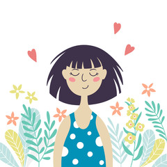 Obraz na płótnie Canvas Cute cartoon girl in blue dress and flowers. Vector illustration.