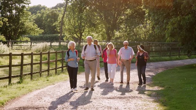 Group Of Senior Friends Hiking In Countryside Together