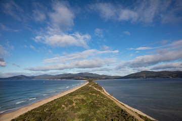The spit lookout of the Bruny Island Neck view which shows the isthmus connecting the North and...