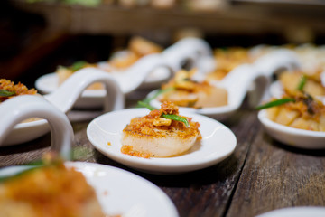 buffet food, catering food party at restaurant, mini canapes, snacks and appetizers, wedding celebration
