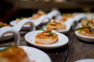 buffet food, catering food party at restaurant, mini canapes, snacks and appetizers, wedding celebration