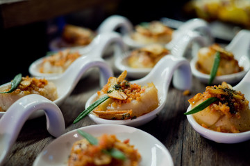 buffet food, catering food party at restaurant, mini canapes, snacks and appetizers, wedding celebration