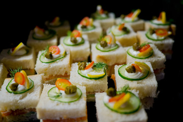 buffet food, catering food party at restaurant, mini canapes, snacks and appetizers, wedding celebration