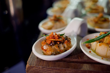 buffet food, catering food party at restaurant, mini canapes, snacks and appetizers, wedding celebration