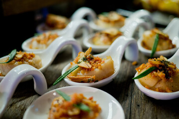 buffet food, catering food party at restaurant, mini canapes, snacks and appetizers, wedding celebration