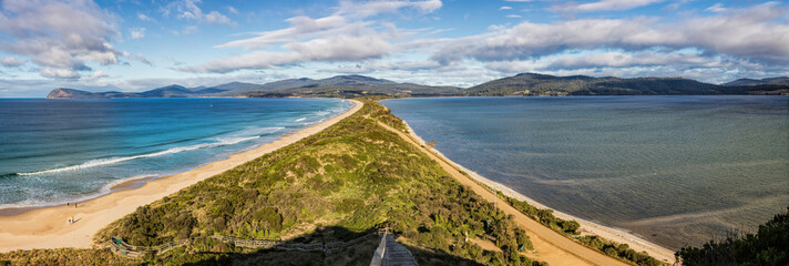 The spit lookout of the Bruny Island Neck view which shows the isthmus connecting the North and South of Bruny Island, southern Tasmania, panoramic photograph.