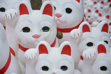 Maneki-neko lucky cats at Goutokuji Shrine, Tokyo, Japan