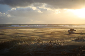 Beautiful windy sunset on the abandoned Long beach by Tofino on Vancouver Island, British Columbia, Canada. Dramatic clouds in the sky and small sandstorm on the beach.