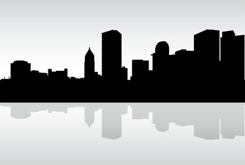 Skyline silhouette of a portion of the downtown riverfront financial district of the city of Pittsburgh, Pennsylvania, USA.