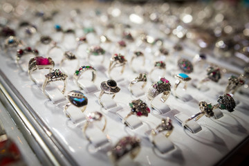 Set of handmade, traditional assorted rings, sold in a market near Machu Picchu, Peru