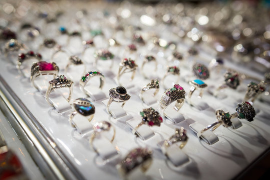 Set of handmade, traditional assorted rings, sold in a market near Machu Picchu, Peru