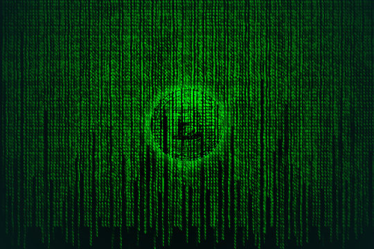 Bitcoin in binary code of matrix effect background.