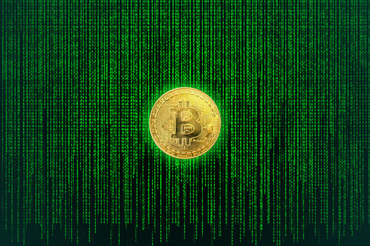 Bitcoin Golden metallic coin with binary code of matrix effect background.