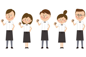 ポップな飲食店のウェーターとウェートレスのグループがガッツポーズ