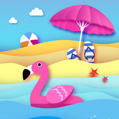 Giant inflatable pink flamingo in paper cut style. Beach Parasol - umbrella. Origami Pool float toy on the sunny beach with sand and crystal clear blue sea water. Beachball, flipflop. Summer holidays.