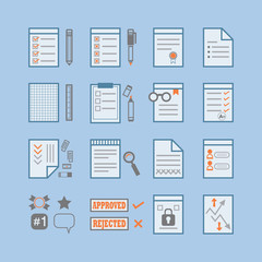 Office paper, documents and stationery signs icons set on blue background