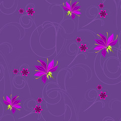 Vector seamless floral pattern on violet background with pink decorative small flowers