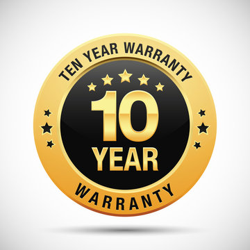 10 year warranty golden label isolated on white background