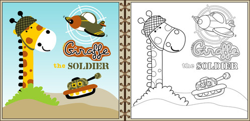 funnt army cartoon vector with military vehicles, coloring book or page