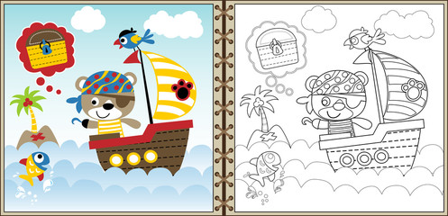 pirate cartoon vector on sailboat, coloring book or page