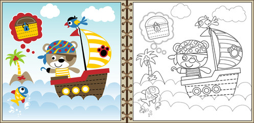 Fototapeta premium pirate cartoon vector on sailboat, coloring book or page